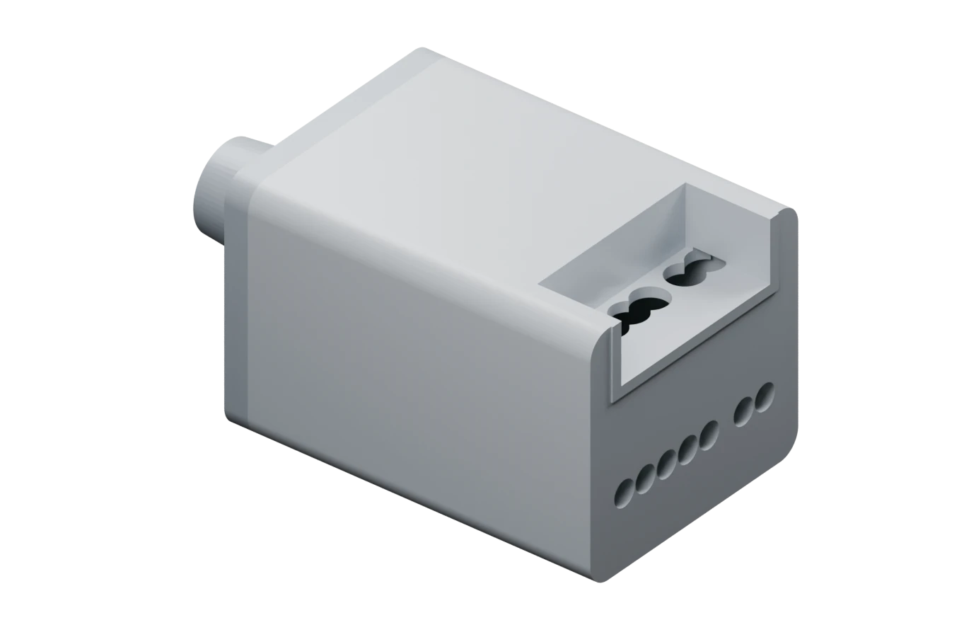 Az RJ45 breakout box teljes, zárt V5 házának térbeli 3D-renderképe, kábelkivezetéssel és sorkapocsnyílásokkal